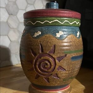 Handcrafted Ceramic Jar with Sun Design - Multicolor